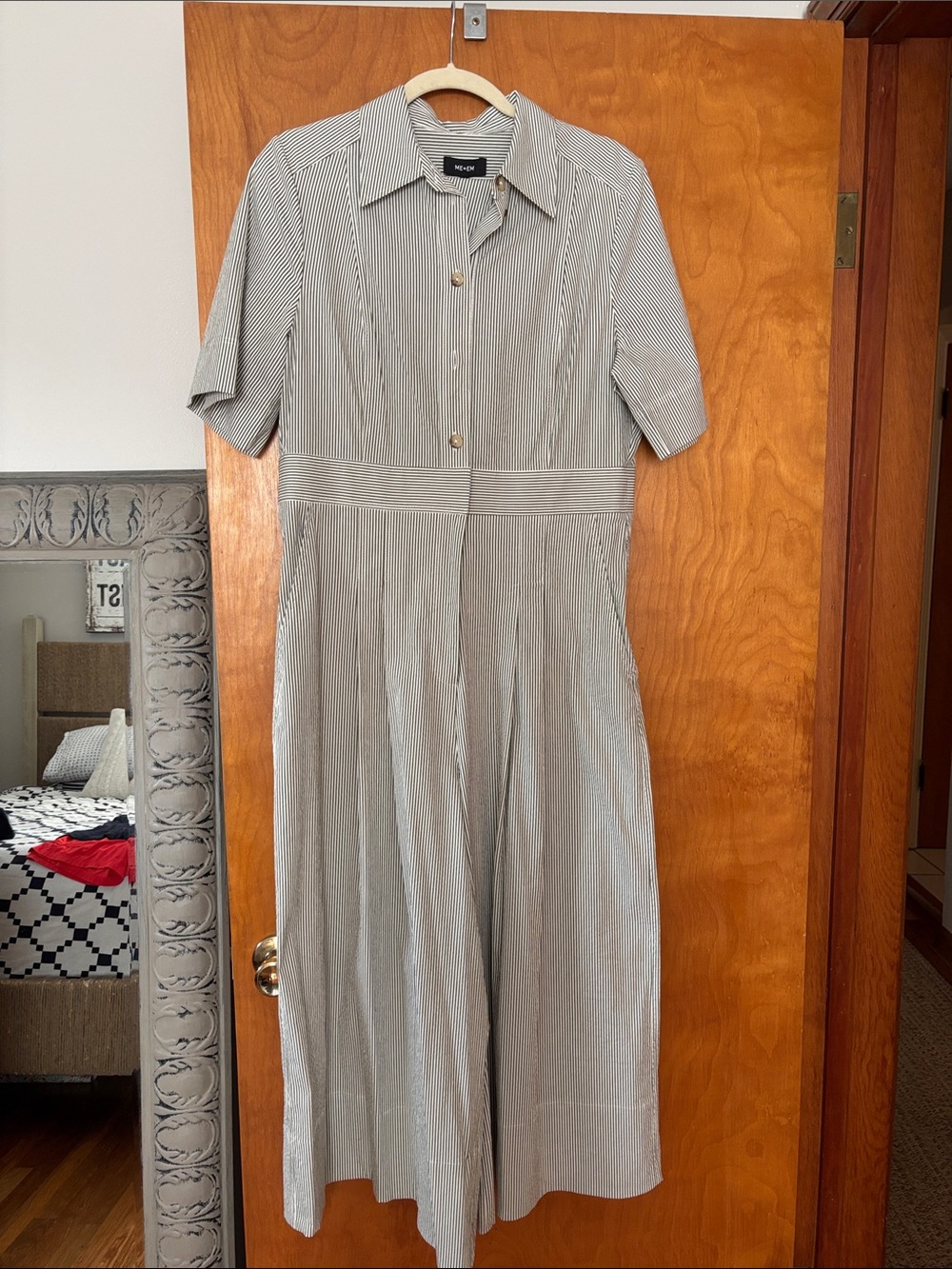 ME+EM Gray Pinstripe Short-Sleeve Button-Front Jumpsuit